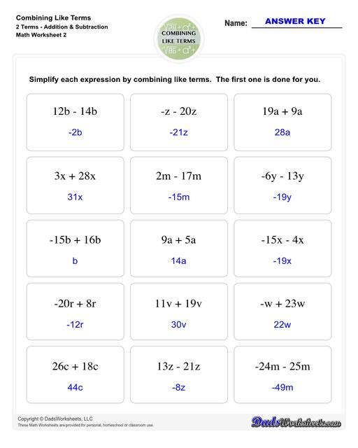 This collection of algebra worksheets focuses on combining like terms. Expertly crafted, they provide ample practice to hone algebraic skills. Each PDF worksheet includes an answer key, facilitating easy self-assessment and effective learning. Perfect for students aiming to master the fundamental concept of combining like terms in algebra.  Combining Like Terms 2 Terms Addition Subtraction V2