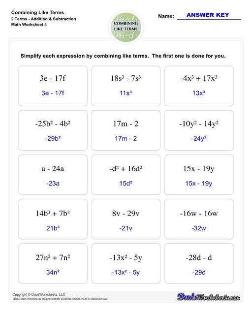 This collection of algebra worksheets focuses on combining like terms. Expertly crafted, they provide ample practice to hone algebraic skills. Each PDF worksheet includes an answer key, facilitating easy self-assessment and effective learning. Perfect for students aiming to master the fundamental concept of combining like terms in algebra.  Combining Like Terms 2 Terms Addition Subtraction V4