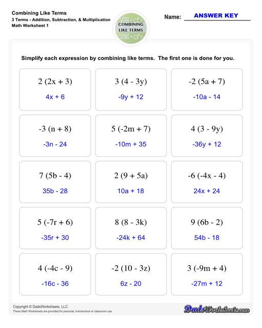 This collection of algebra worksheets focuses on combining like terms. Expertly crafted, they provide ample practice to hone algebraic skills. Each PDF worksheet includes an answer key, facilitating easy self-assessment and effective learning. Perfect for students aiming to master the fundamental concept of combining like terms in algebra.  Combining Like Terms 3 Terms Addition Subtraction Multiplication V1