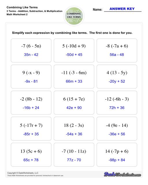 This collection of algebra worksheets focuses on combining like terms. Expertly crafted, they provide ample practice to hone algebraic skills. Each PDF worksheet includes an answer key, facilitating easy self-assessment and effective learning. Perfect for students aiming to master the fundamental concept of combining like terms in algebra.  Combining Like Terms 3 Terms Addition Subtraction Multiplication V2