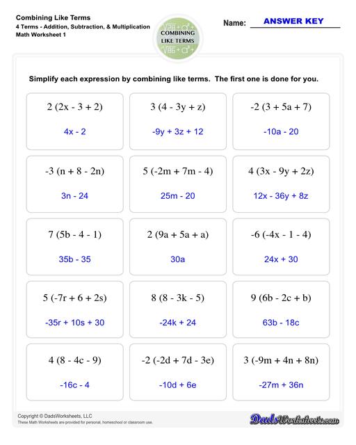This collection of algebra worksheets focuses on combining like terms. Expertly crafted, they provide ample practice to hone algebraic skills. Each PDF worksheet includes an answer key, facilitating easy self-assessment and effective learning. Perfect for students aiming to master the fundamental concept of combining like terms in algebra.  Combining Like Terms 4 Terms Addition Subtraction Multiplication V1