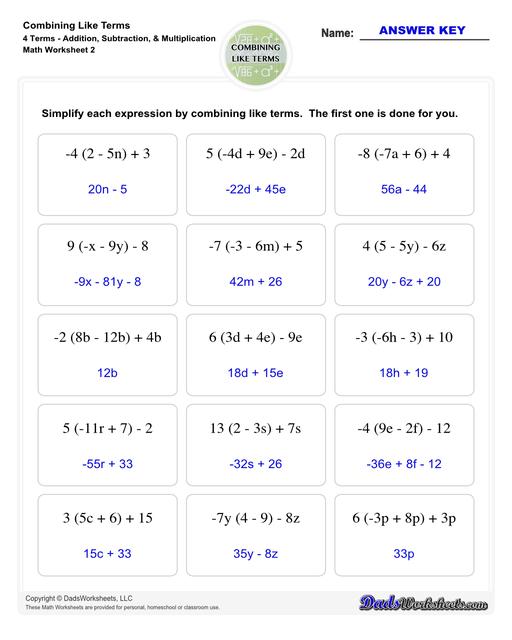 This collection of algebra worksheets focuses on combining like terms. Expertly crafted, they provide ample practice to hone algebraic skills. Each PDF worksheet includes an answer key, facilitating easy self-assessment and effective learning. Perfect for students aiming to master the fundamental concept of combining like terms in algebra.  Combining Like Terms 4 Terms Addition Subtraction Multiplication V2
