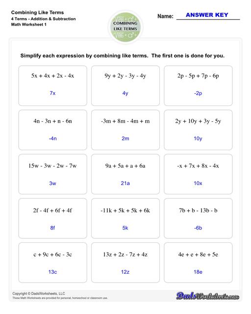 This collection of algebra worksheets focuses on combining like terms. Expertly crafted, they provide ample practice to hone algebraic skills. Each PDF worksheet includes an answer key, facilitating easy self-assessment and effective learning. Perfect for students aiming to master the fundamental concept of combining like terms in algebra.  Combining Like Terms 4 Terms Addition Subtraction V1