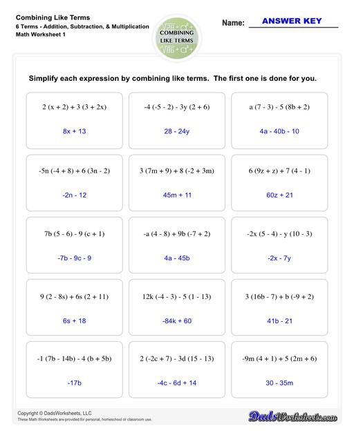 This collection of algebra worksheets focuses on combining like terms. Expertly crafted, they provide ample practice to hone algebraic skills. Each PDF worksheet includes an answer key, facilitating easy self-assessment and effective learning. Perfect for students aiming to master the fundamental concept of combining like terms in algebra.  Combining Like Terms 6 Terms Addition Subtraction Multiplication V1