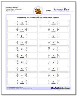 Comparing Fraction Worksheets 1 Improper, Same Denominators