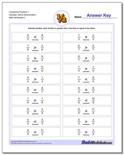 Comparing Fraction Worksheets 1 Improper, Same Denominators /worksheets/comparing-fractions.html