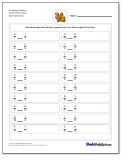 Printable comparing fractions worksheet with answer key