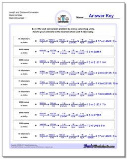 Customary and Metric Length Distance Conversion Worksheet to Miles