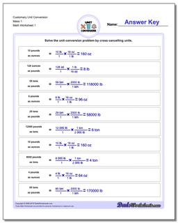 Customary Unit Conversion Worksheets Conversion Mass 1