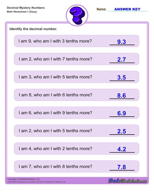 Decimal place value mystery number worksheets Decimal Place Value Easy V1