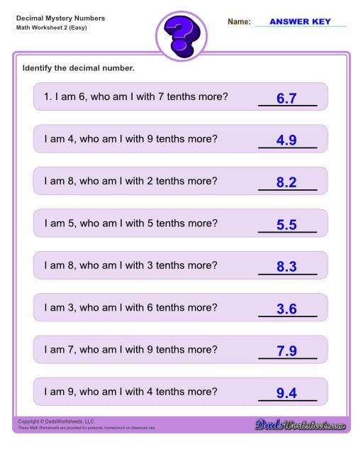 Decimal place value mystery number worksheets Decimal Place Value Easy V2