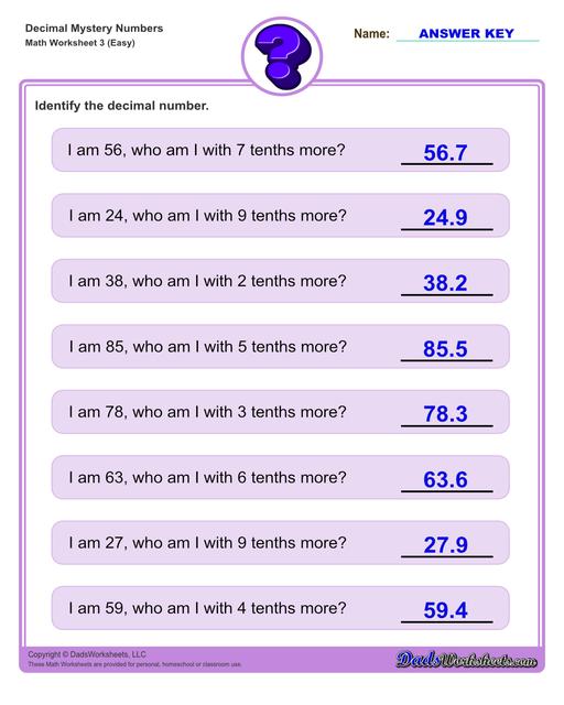 Decimal place value mystery number worksheets Decimal Place Value Easy V3