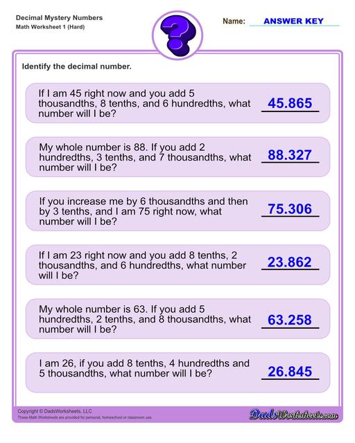 Decimal place value mystery number worksheets Decimal Place Value Hard V1