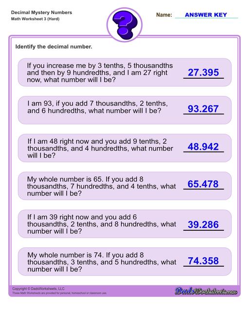 Decimal place value mystery number worksheets Decimal Place Value Hard V3