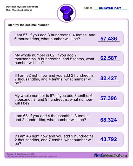 Decimal place value mystery number worksheets Decimal Place Value Hard V4