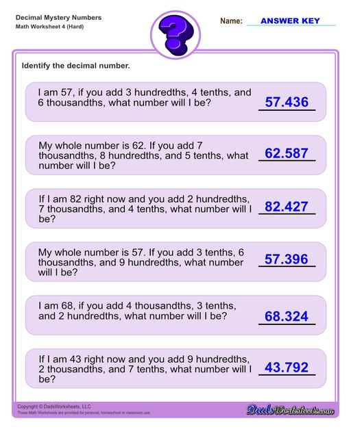 Decimal place value mystery number worksheets Decimal Place Value Hard V4