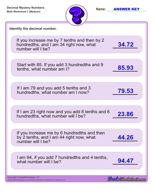 Decimal place value mystery number worksheets Decimal Place Value Medium V1