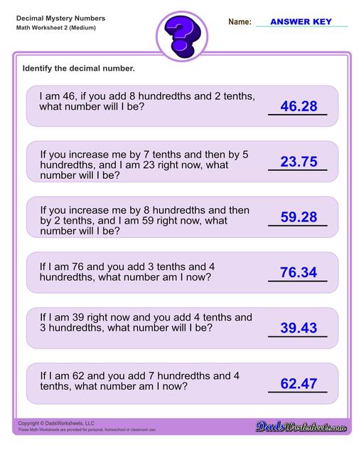 Decimal place value mystery number worksheets Decimal Place Value Medium V2