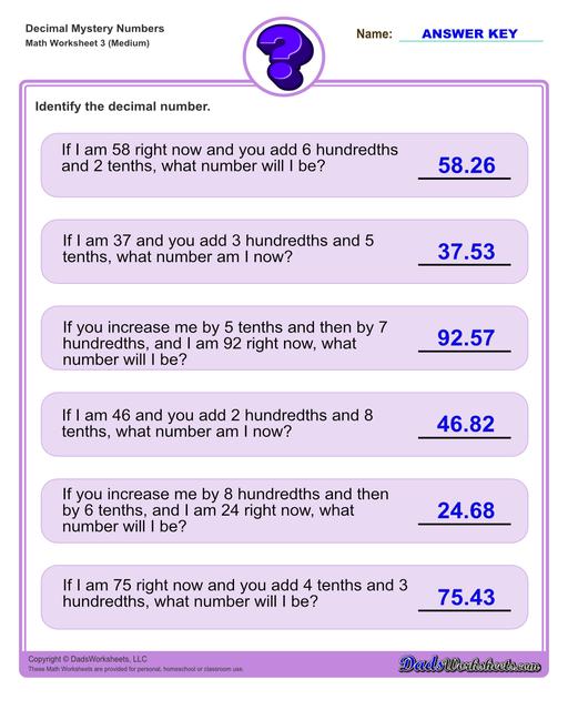 Decimal place value mystery number worksheets Decimal Place Value Medium V3