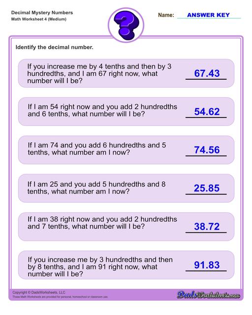 Decimal place value mystery number worksheets Decimal Place Value Medium V4