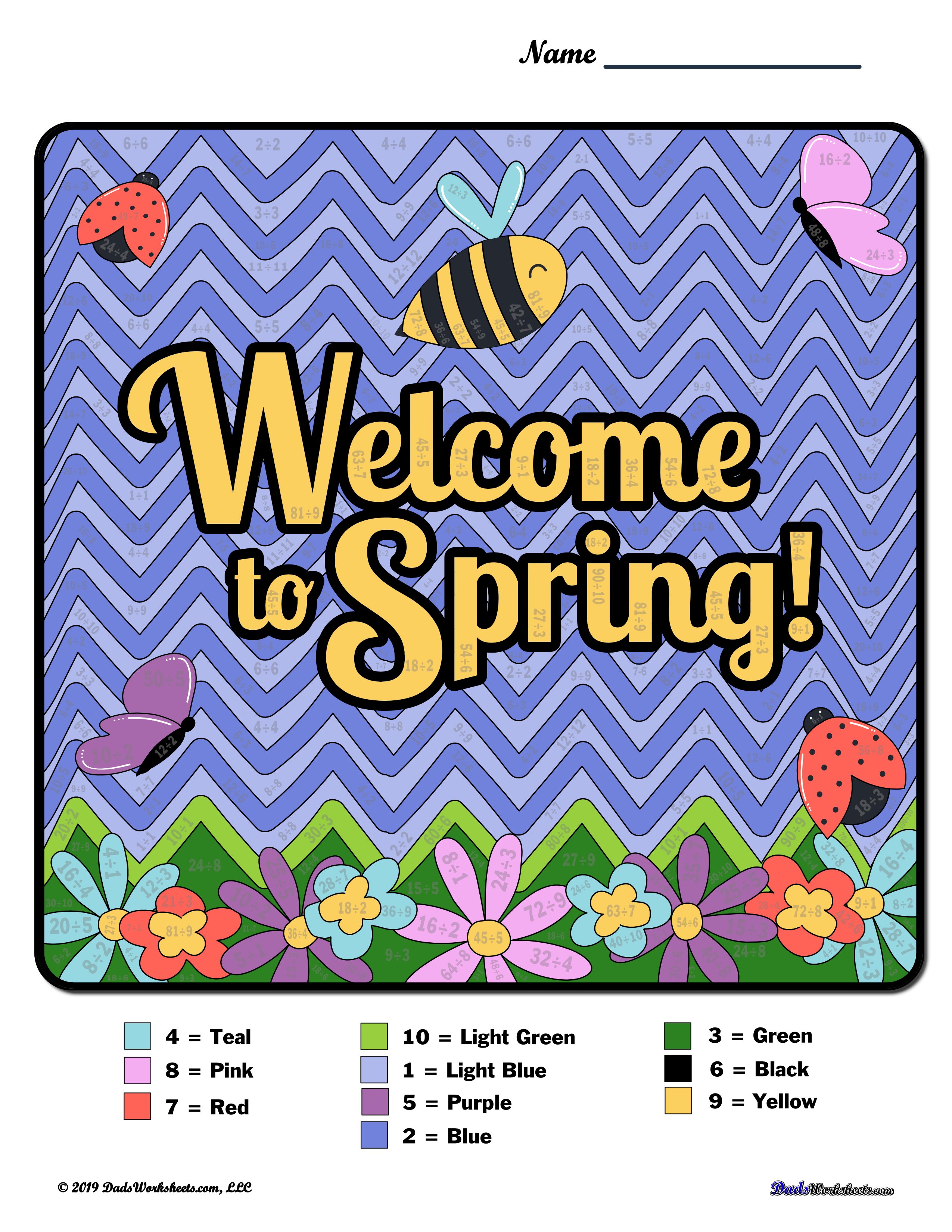 Spring Division Color by Number Worksheet