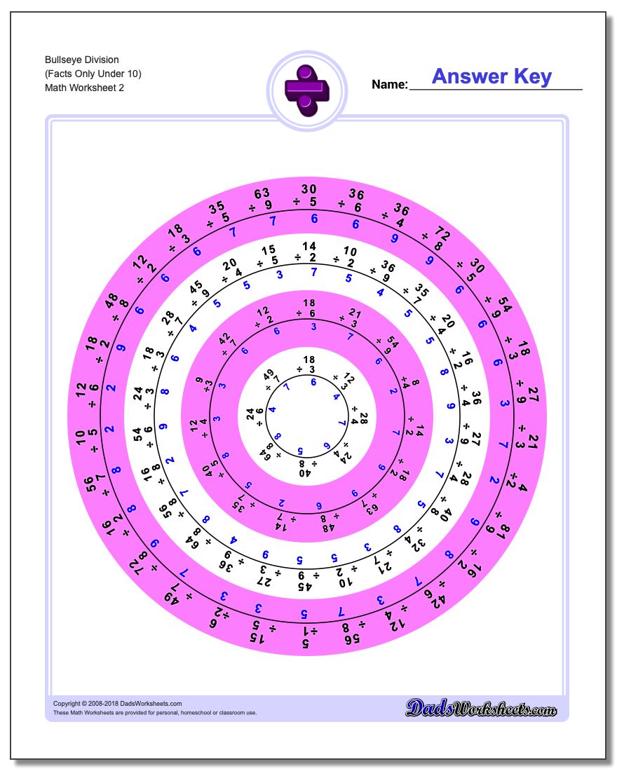 Bullseye Division Worksheet (Facts Only Under 10) www.dadsworksheets.com/worksheets/division.html