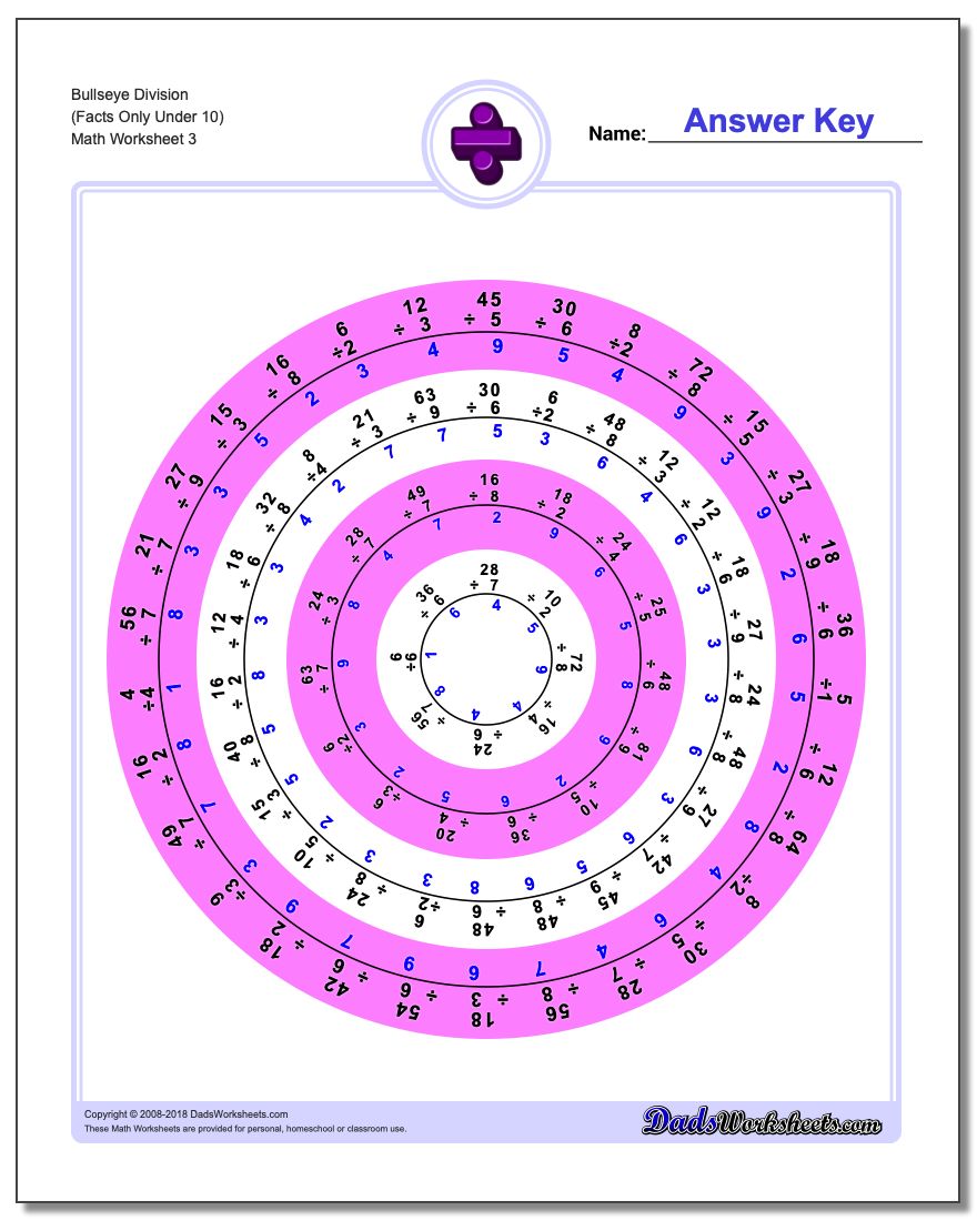 Bullseye Division Worksheet (Facts Only Under 10)