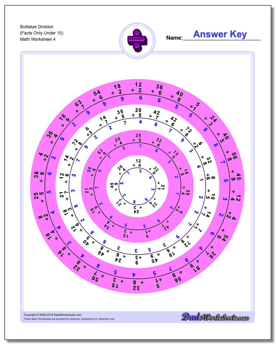 Bullseye Division Worksheet (Facts Only Under 10)