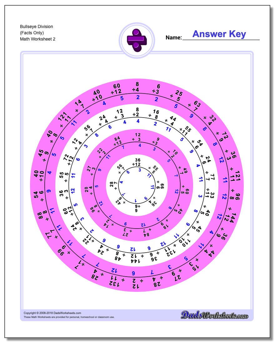 Bullseye Division Worksheet (Facts Only) www.dadsworksheets.com/worksheets/division.html