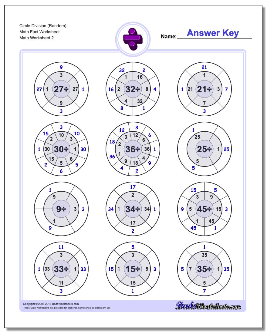 Circle Division (Random) Math Fact Worksheet www.dadsworksheets.com/worksheets/division.html