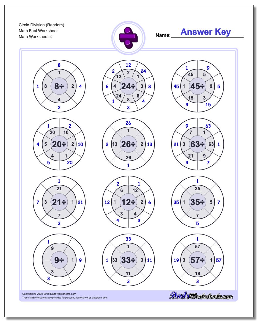 Circle Division (Random) Math Fact Worksheet