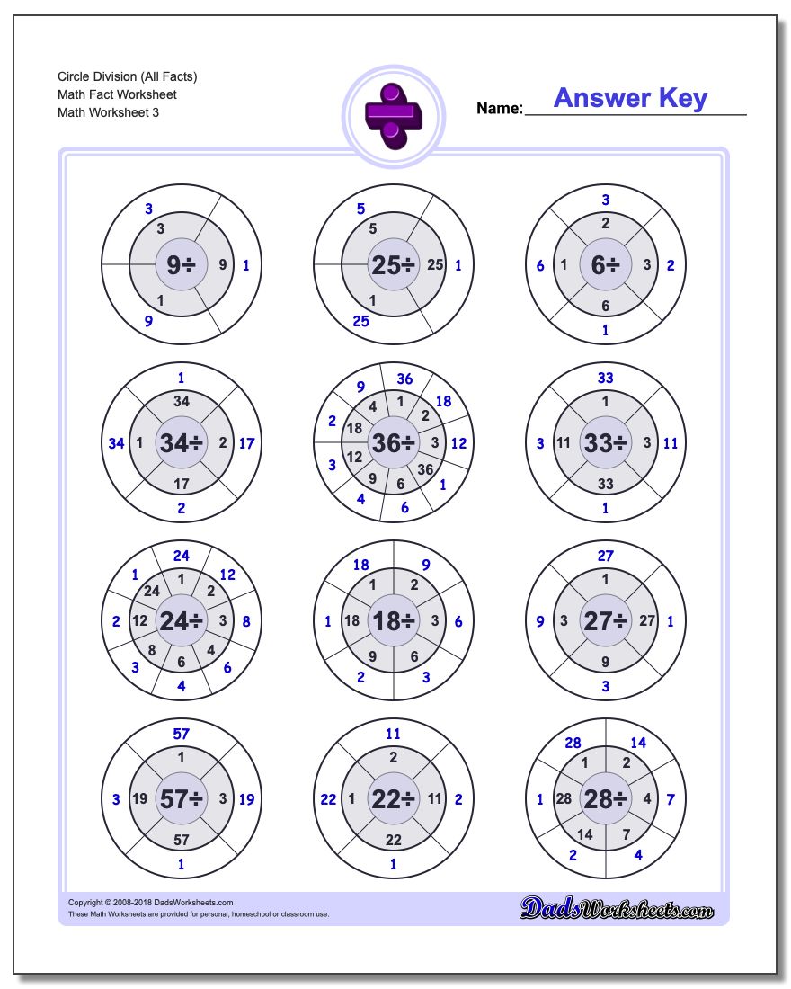 Circle Division (All Facts) Math Fact Worksheet