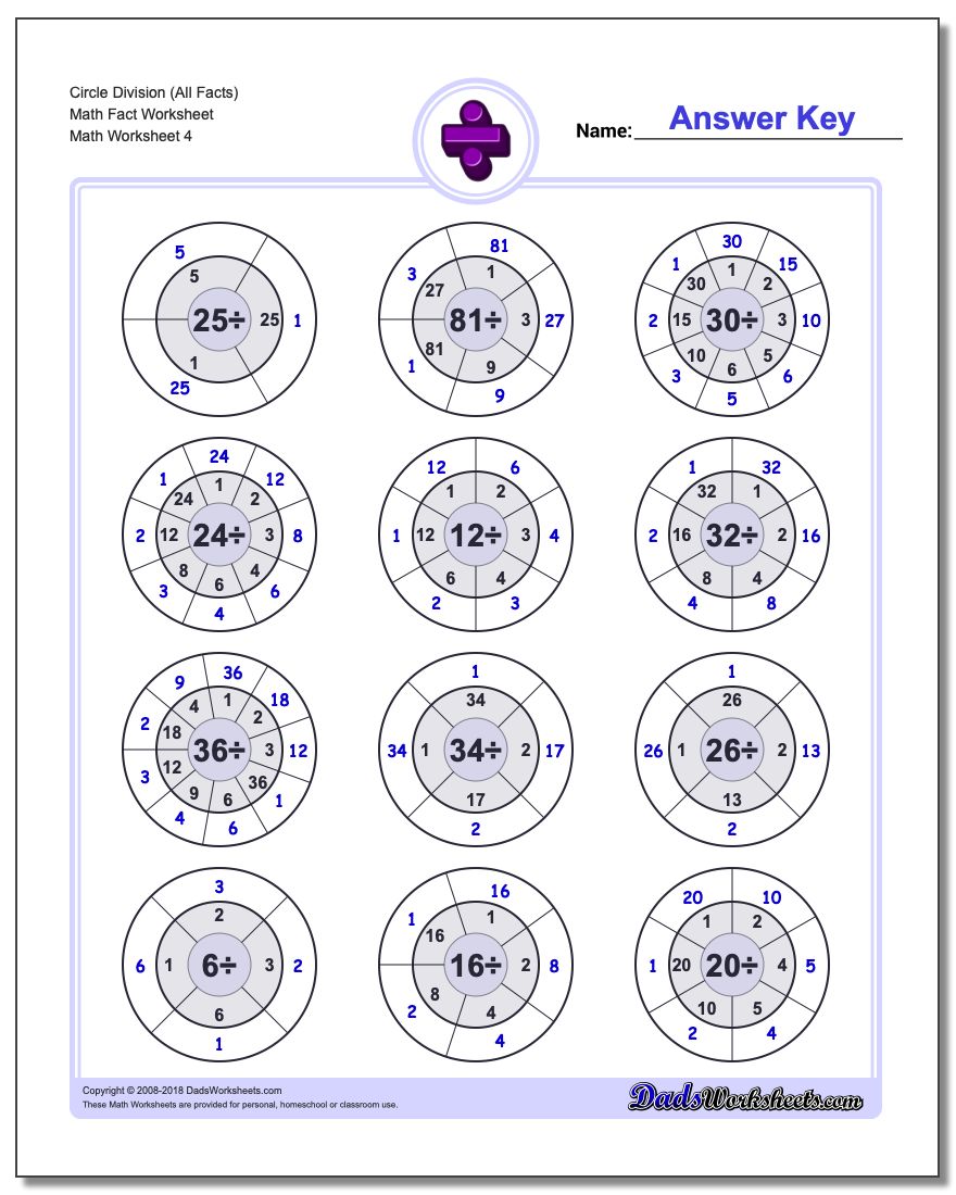 Circle Division (All Facts) Math Fact Worksheet
