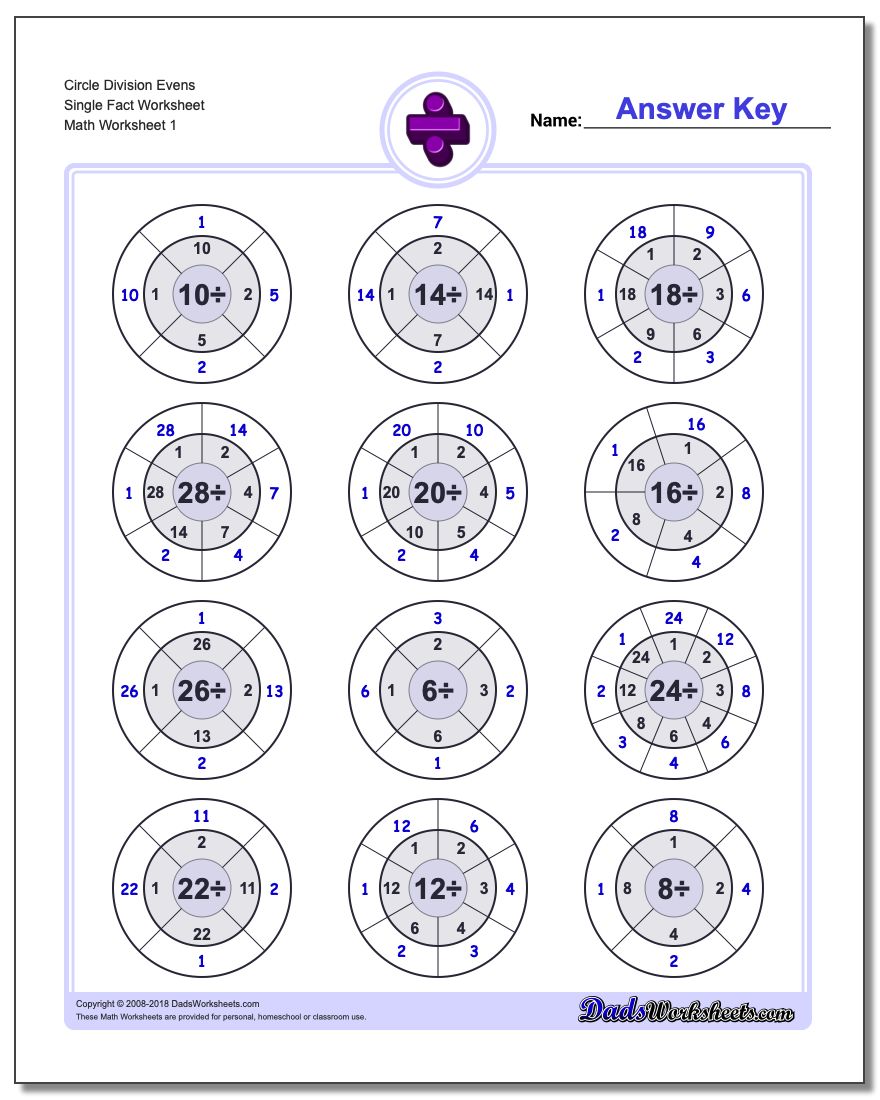Division Worksheet Circle Evens Single Fact Worksheet