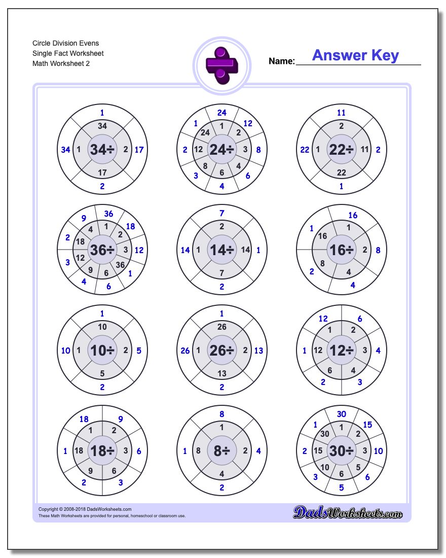 Circle Division Evens Single Fact Worksheet www.dadsworksheets.com/worksheets/division.html