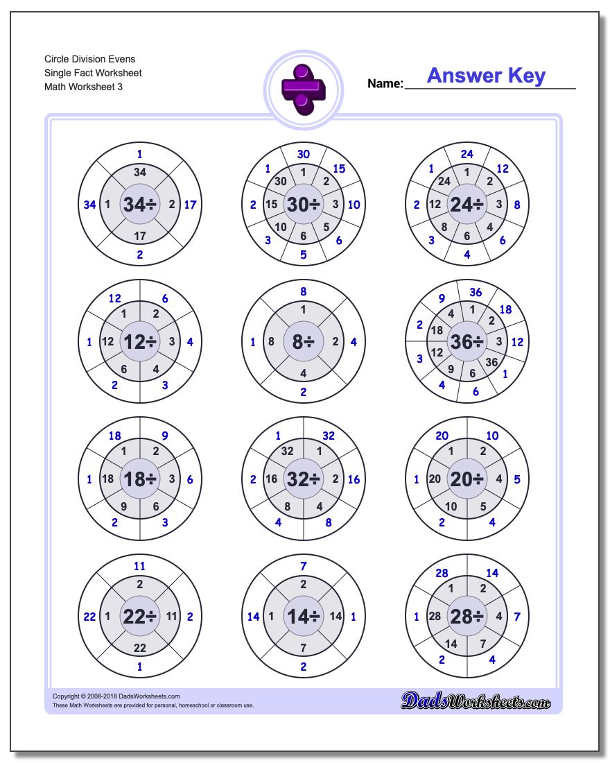 Circle Division Evens Single Fact Worksheet