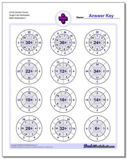 Circle Division Evens Single Fact Worksheet