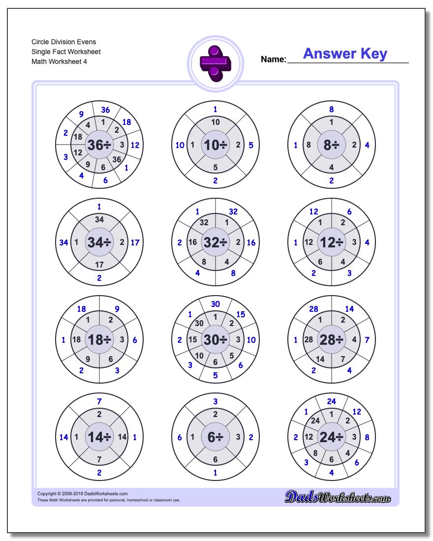 Circle Division Evens Single Fact Worksheet