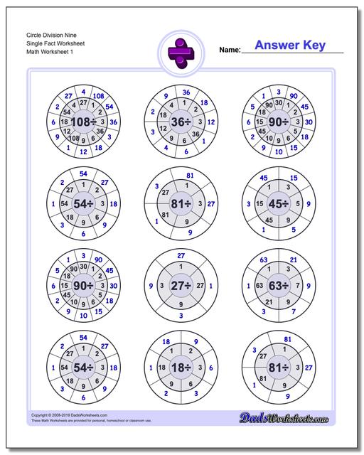 Math Worksheets Division Division Circle Division Nine Single Fact