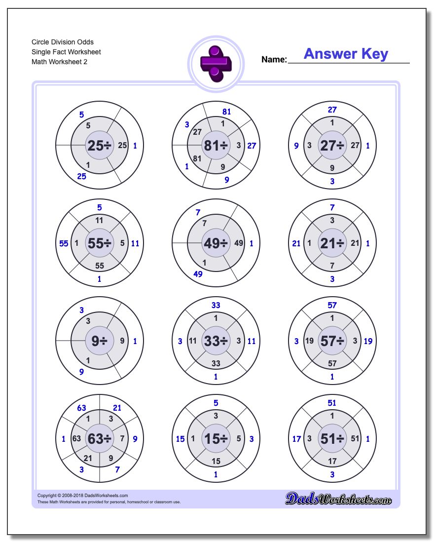 Circle Division Odds Single Fact Worksheet www.dadsworksheets.com/worksheets/division.html