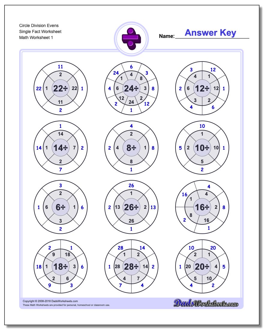 Division Worksheet Circle Evens Single Fact Worksheet