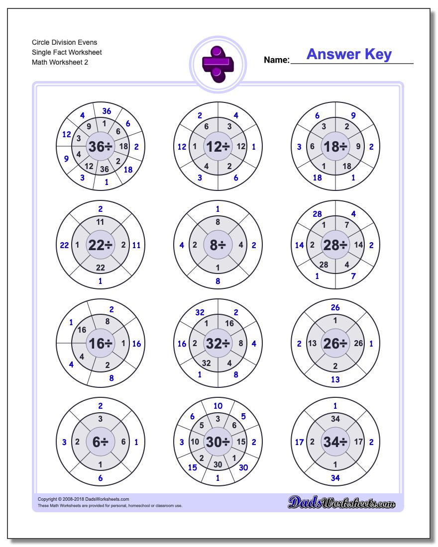 Circle Division Evens Single Fact Worksheet www.dadsworksheets.com/worksheets/division.html