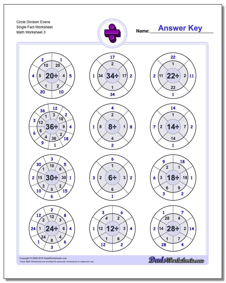 Circle Division Evens Single Fact Worksheet