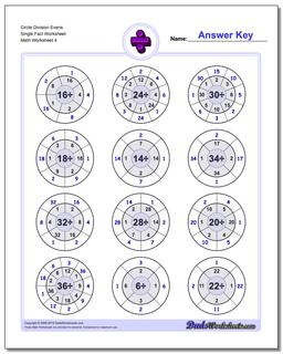 Circle Division Evens Single Fact Worksheet