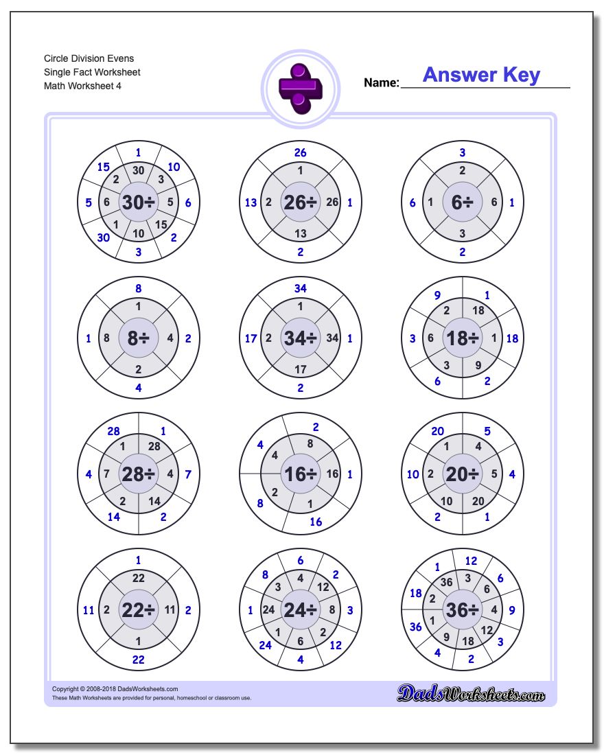 Circle Division Evens Single Fact Worksheet
