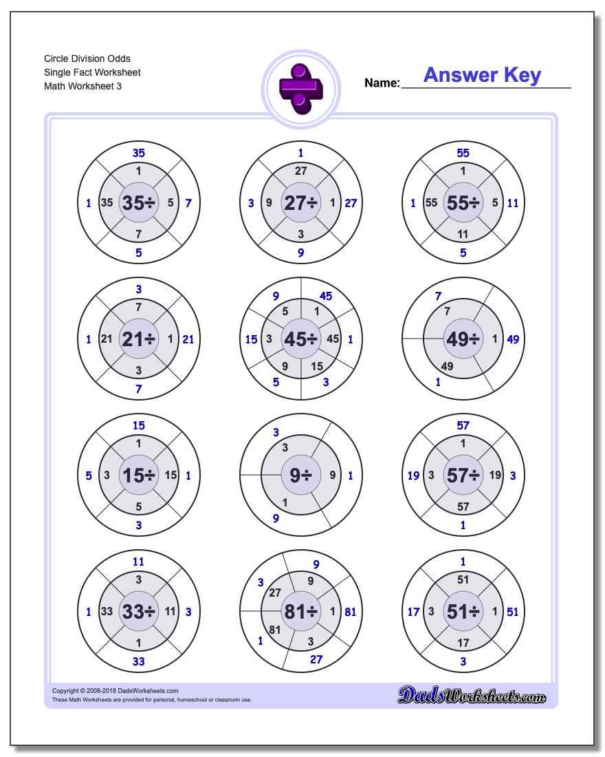 Circle Division Odds Single Fact Worksheet