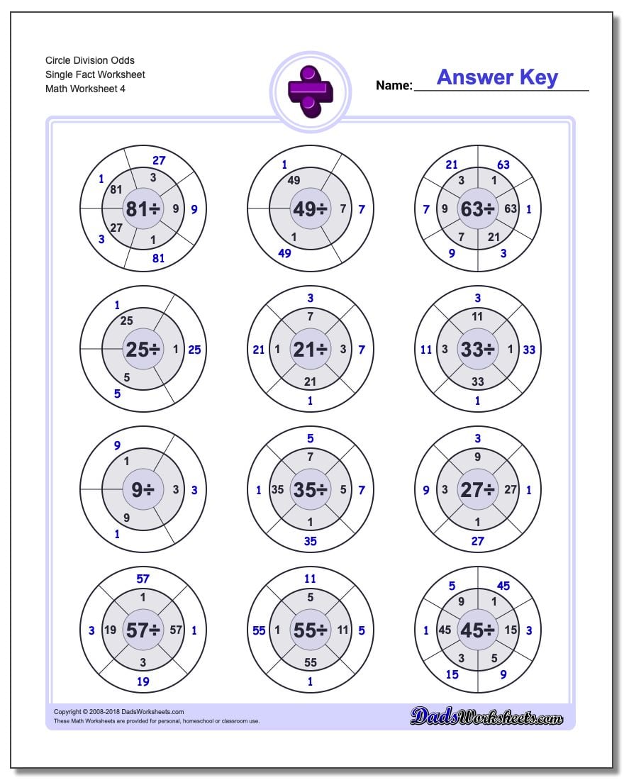 Circle Division Odds Single Fact Worksheet