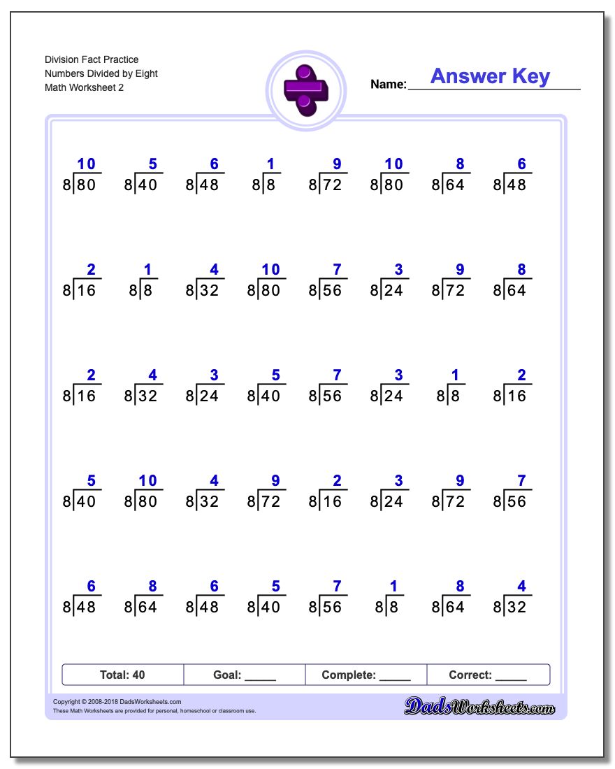 Division Worksheet Fact Practice Numbers Divided by Eight www.dadsworksheets.com/worksheets/division.html