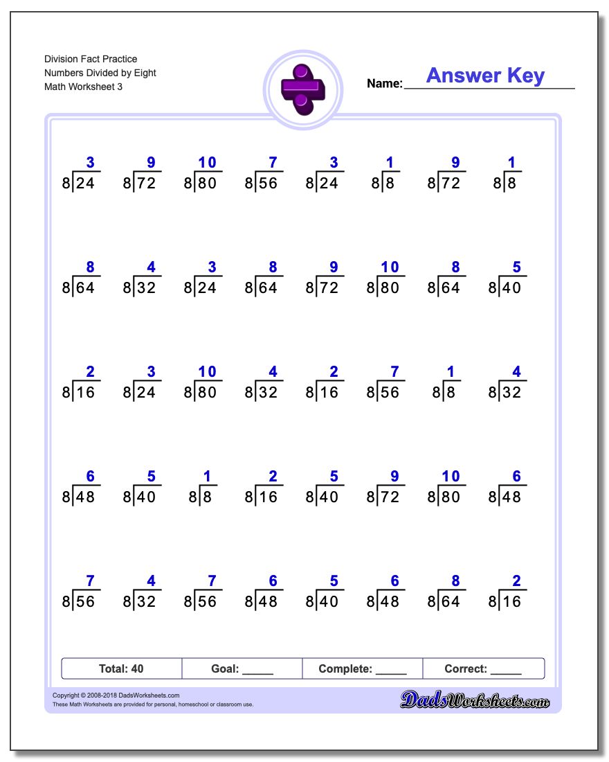 Division Worksheet Fact Practice Numbers Divided by Eight