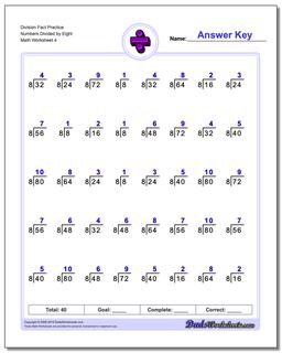 Division Worksheet Fact Practice Numbers Divided by Eight